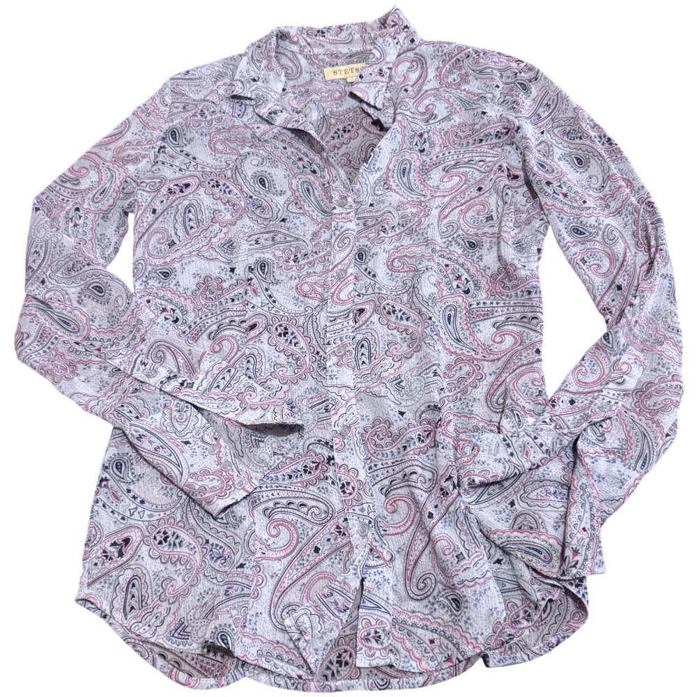 Stetson Womens Red Blue Paisley Sheer Button Up Long Sleeve Western Blouse Small